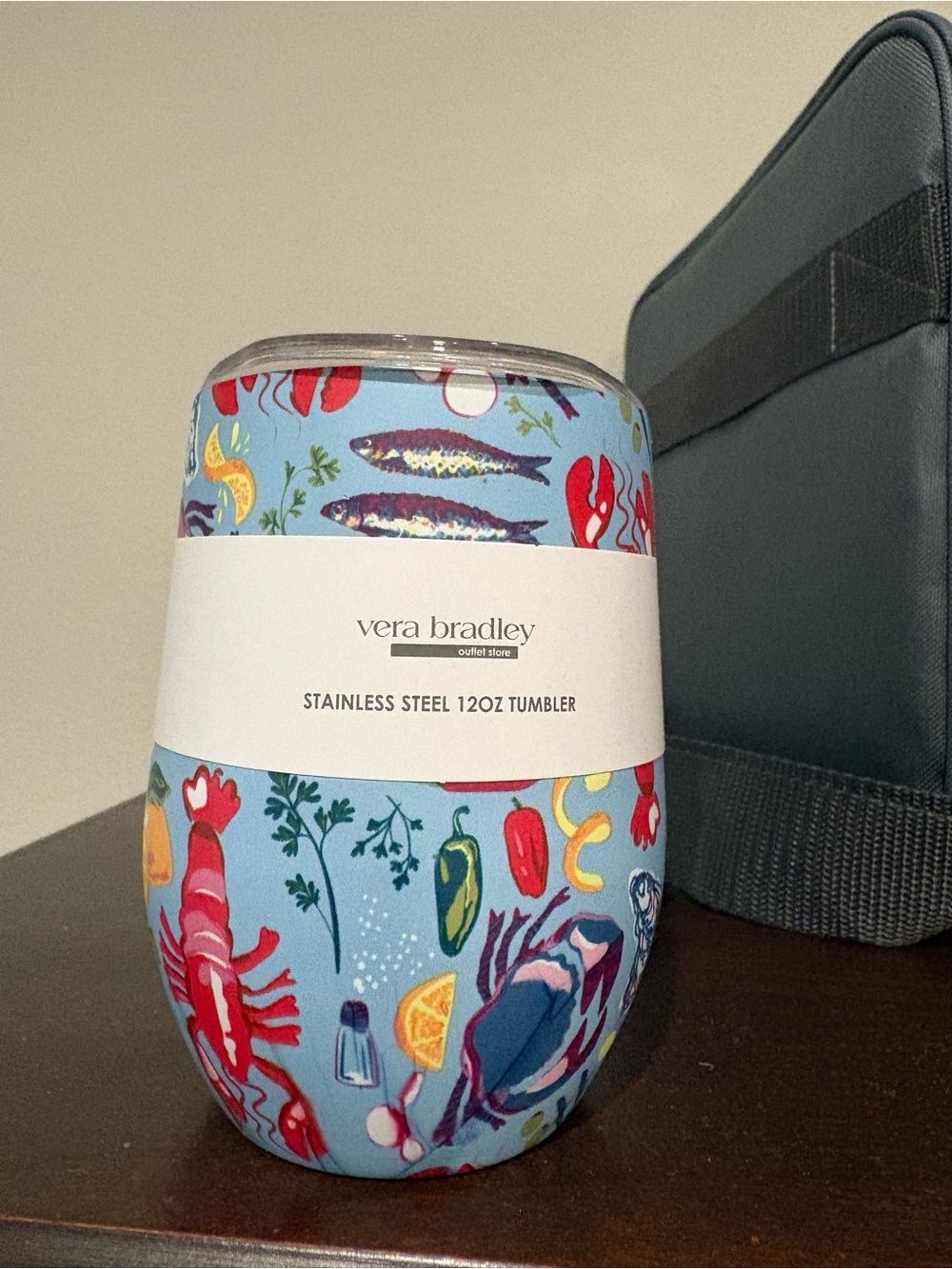 Vera Bradley Blue Seafood Print Stainless Steel Wine Tumbler